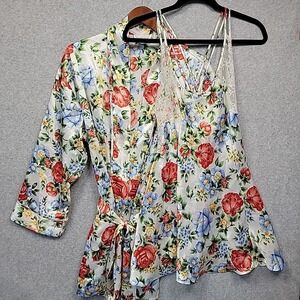Victoria's Secret Robe And Gown 2-piece Set Sz S Floral Satin Lace Vintage 90s